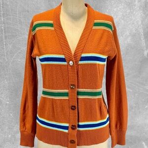VINTAGE 60s knit sweater cardigan v neck button front burnt orange sporty stripe